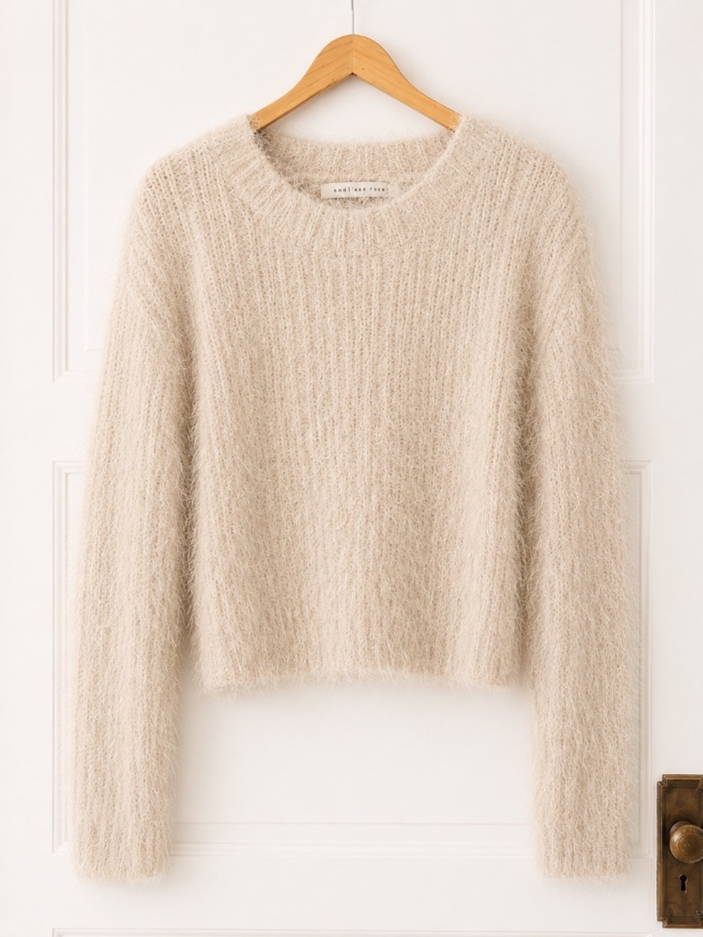 Endless Rose Ivory Fuzzy Eyelash Knit Cropped Sweater M NWT
